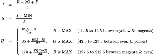 \begin{eqnarray*} I &=& \frac{R + 2 G + B}{4} \\ &&\\ S &=& \frac{I - \textrm{MIN}}{I} \\ &&\\ H &=& \left\{ \begin{array}{ll} \frac{85(G-B)}{2\Delta}, & R \textrm{ is MAX \quad (-42.5 to 42.5 between yellow \& magenta)}\\ &\\ 85 + \frac{85(B-R)}{2\Delta}, & G \textrm{ is MAX \quad (42.5 to 127.5 between cyan \& yellow)}\\ &\\ 170 + \frac{85(R-G)}{2\Delta}, & B \textrm{ is MAX \quad (127.5 to 212.5 between magenta \& cyan)}\\ \end{array}\right. \end{eqnarray*}