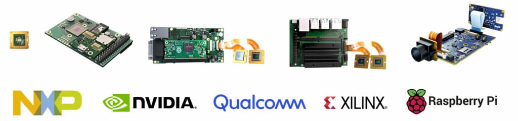 Compatible processor boards for VC MIPI cameras: NXP, Nvidia, Raspberry Pi, Qualcomm, Xilinx